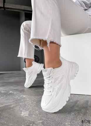 Белые резиновые текстильные кроссовки на толстой грубой подошве с сеткой в сетку9 фото