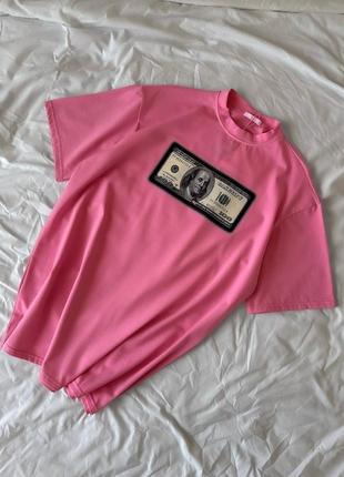 Рожева жіноча футболка оверсайз вільного крою з доларом баксом купюрою