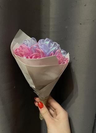 Букет троянди зі стрічки атласні квіти сухоцвіти3 фото