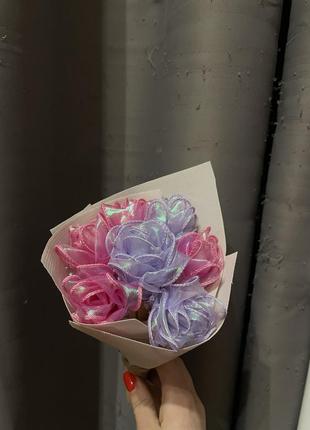 Букет троянди зі стрічки атласні квіти сухоцвіти4 фото