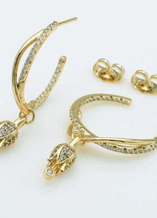 Серьги с фианитами 3,8 см, медзолото, медицинское золото, позолоченные, xuping