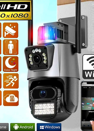 Уличная охранная поворотная wifi камера dual lens zoom 8mp сирена, зум, icsee удаленным доступом онл