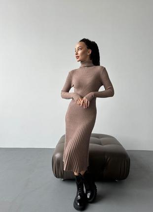 Бежева моко жіноча сукня плісе міді жіноча довга сукня з плісованою спідницею базова універсальна сукня2 фото