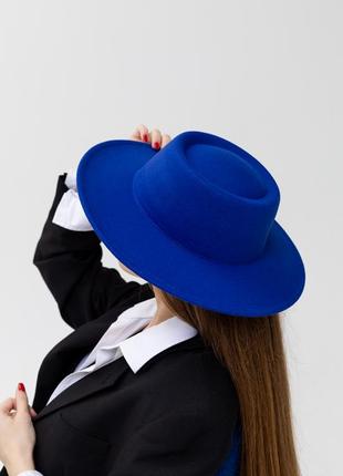 Шляпа канотье унисекс с круглой тульей и широкими полями 8 см синяя электрик5 фото