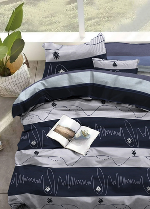 Комплект постельного белья в синих оттенках "ромашки и полоски", бязь-люкс, 100% хлопок