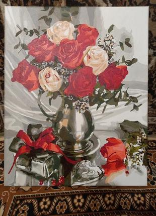 Нарисованная готовая картина по номерам "розы" 3 уровень сложности