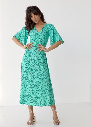 Плаття-міді з короткими розкльошеними рукавами — смарагдовий колір, s (є розміри)