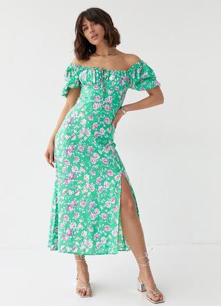 Летнее цветочное платье миди с кулиской на груди - зеленый цвет, s (есть размеры)