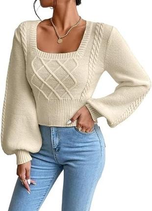 Осенний женский пуловер, вязаный свитер укороченный квадратным вырезом, рукавом-фонариком  shein l2 фото