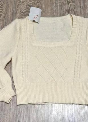 Осенний женский пуловер, вязаный свитер укороченный квадратным вырезом, рукавом-фонариком  shein l5 фото