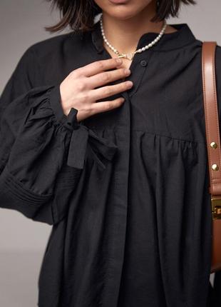 Хлопковая блузка с широкими рукавами на завязках - черный цвет, s (есть размеры)4 фото