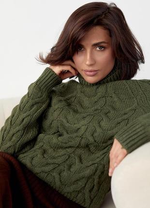 Женский свитер из крупной вязки в косичку - хаки цвет, l (есть размеры)8 фото