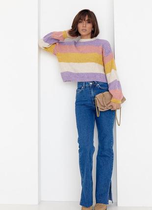 Укороченный вязаный свитер в цветную полоску - желтый цвет, s (есть размеры)3 фото