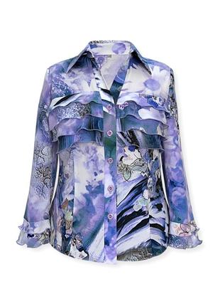 Блакитно - бузкова блуза з воланами