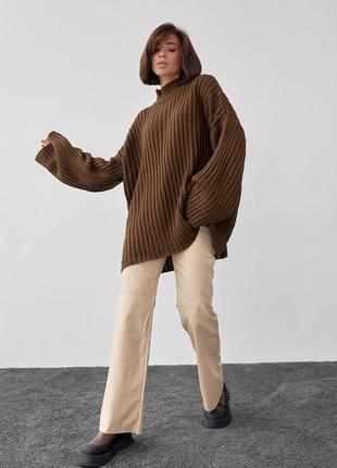 Женский вязаный свитер oversize в рубчик - темно-коричневый цвет, l (есть размеры)3 фото