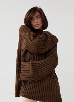 Женский вязаный свитер oversize в рубчик - темно-коричневый цвет, l (есть размеры)7 фото