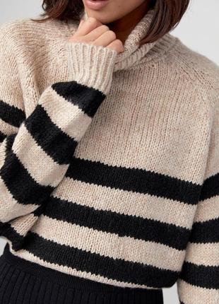 Вязаный женский свитер в полоску - бежевый цвет, l (есть размеры)4 фото
