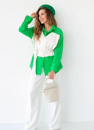 Жіноча сорочка зі вставкою з екошкіри berne — зелений колір, xl (є розміри)3 фото