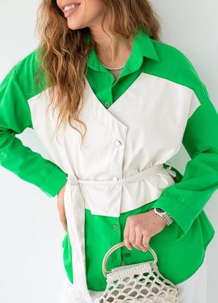 Жіноча сорочка зі вставкою з екошкіри berne — зелений колір, xl (є розміри)4 фото