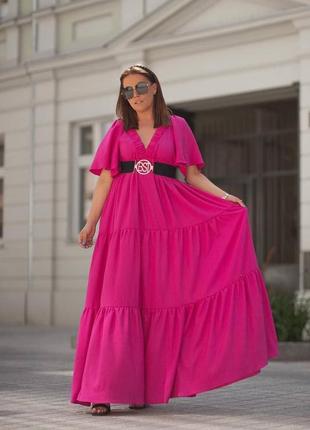 Сукня максі вільного крою однотонна з вирізом в зоні декольте якісна стильна трендова малинова помаранчева2 фото