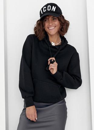 Женское теплое худи с карманом спереди - черный цвет, l/xl (есть размеры)