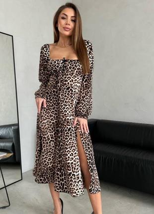 Леопардова жіноча сукня міді з розрізом жіноча довга сукня в тваринний принт софт1 фото