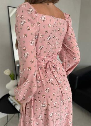 Пудра рожева жіноча сукня міді з розрізом в квітковий принт ніжна жіноча сукня в квіти софт8 фото