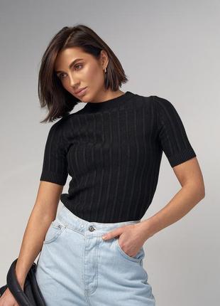 Женская вязаная футболка в рубчик - черный цвет, l (есть размеры)7 фото