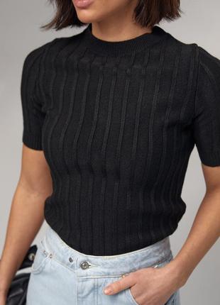 Женская вязаная футболка в рубчик - черный цвет, l (есть размеры)4 фото