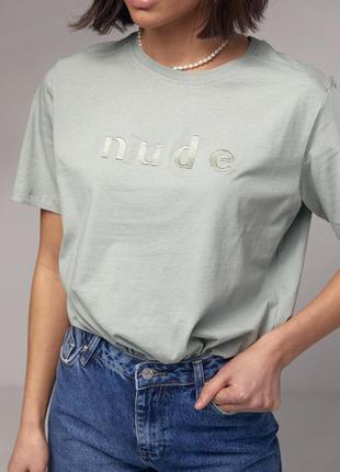 Женская футболка с вышитой надписью nude - мятный цвет, m (есть размеры)4 фото