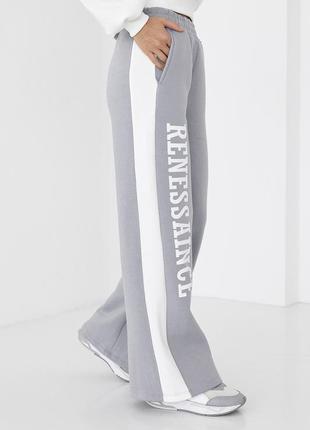 Теплые трикотажные штаны с лампасами и надписью renes saince - светло-серый цвет, l (есть размеры)2 фото