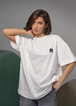 Хлопковая футболка с вышитой надписью ami paris - молочный цвет, l (есть размеры)1 фото