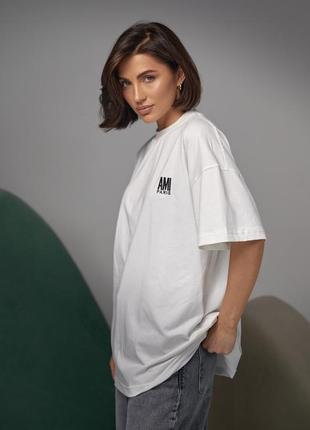 Бавовняна футболка з вишитим написом ami paris — молочний колір, l (є розміри)5 фото