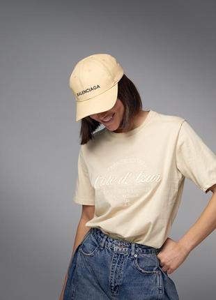 Бавовняна жіноча футболка з вишитим написом — бежевий колір, l (є розміри)5 фото