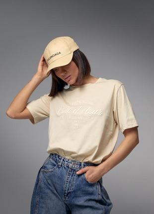 Бавовняна жіноча футболка з вишитим написом — бежевий колір, l (є розміри)7 фото