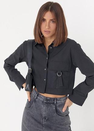 Укорочена жіноча сорочка з накладною кишенею — чорний колір, s (є розміри)6 фото