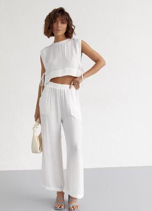 Літній жіночий костюм зі штанами та топом із зав'язками — білий колір, m (є розміри)