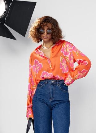 Шелковая блуза на пуговицах с цветочным узором - оранжевый цвет, s (есть размеры)7 фото