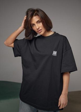 Хлопковая футболка с вышитой надписью ami paris - черный цвет, m (есть размеры)5 фото