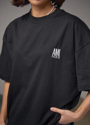 Хлопковая футболка с вышитой надписью ami paris - черный цвет, m (есть размеры)4 фото