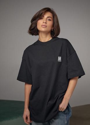 Хлопковая футболка с вышитой надписью ami paris - черный цвет, m (есть размеры)6 фото