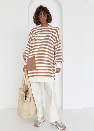 Туника женская в полоску с карманом - кофейный цвет, l (есть размеры)3 фото