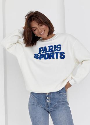 Теплый свитшот на флисе с надписью paris sports - молочный цвет, m (есть размеры)5 фото