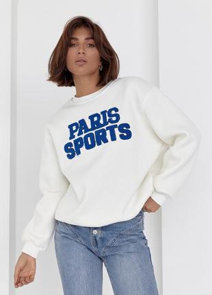 Теплый свитшот на флисе с надписью paris sports - молочный цвет, m (есть размеры)7 фото