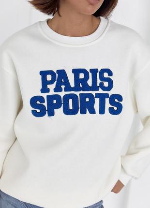 Теплый свитшот на флисе с надписью paris sports - молочный цвет, m (есть размеры)4 фото