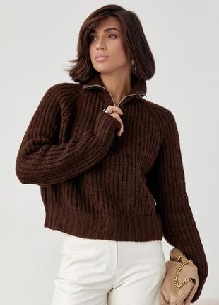 Женский вязаный свитер oversize с воротником на молнии - коричневый цвет, l (есть размеры)7 фото