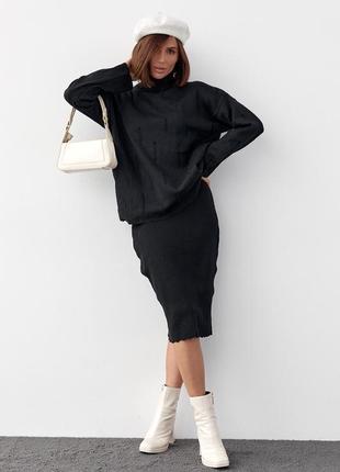 Костюм із платтям і светром прикрашений рваним декором — чорний колір, l (є розміри)