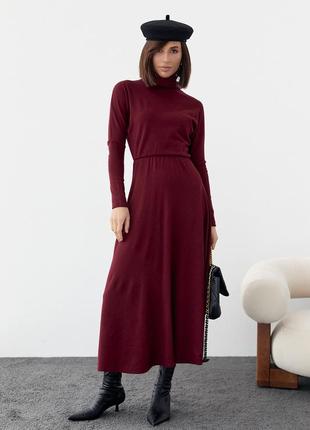 Теплое платье миди с резинкой на талии - бордо цвет, m (есть размеры)1 фото