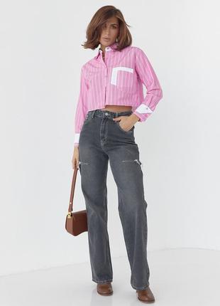 Укороченная рубашка в полоску с двумя карманами - розовый цвет, m (есть размеры)3 фото