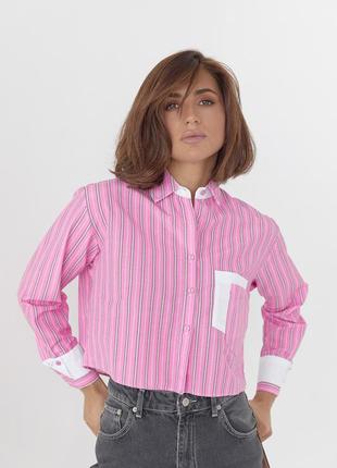 Укороченная рубашка в полоску с двумя карманами - розовый цвет, m (есть размеры)5 фото